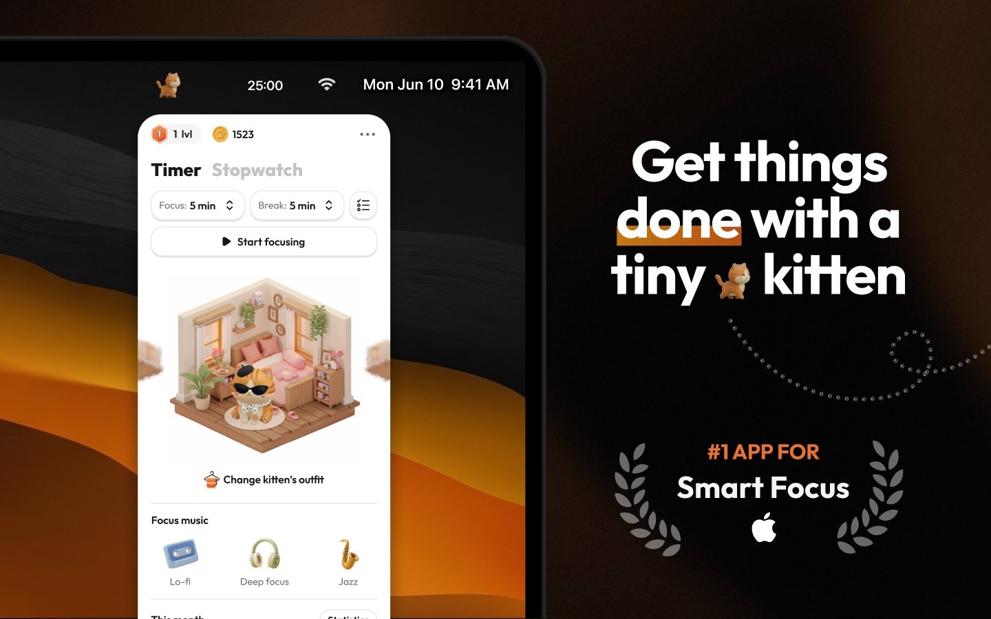 App Store screenshot: a Mac menu bar with a kitten next to 25:00, the Focus Kitten panel open below it with the timer, a furnished room and focus music, and the headline Get things done with a tiny kitten.