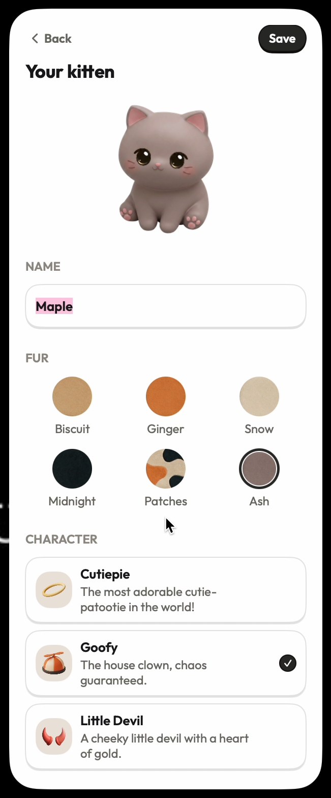 The Your kitten screen: a grey kitten, a name field reading Maple, six fur colours named Biscuit, Ginger, Snow, Midnight, Patches and Ash, and three characters: Cutiepie, Goofy and Little Devil.